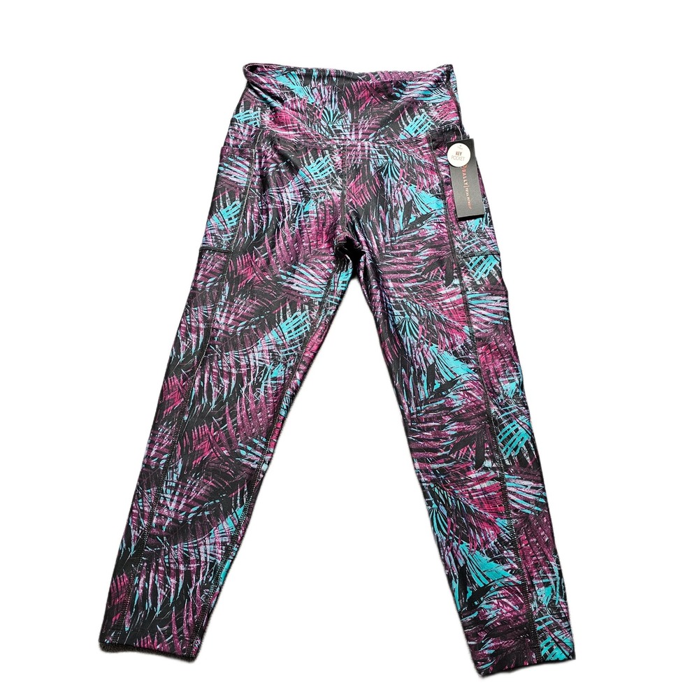 Bally Total Fitness Leggings Womens Medium Multi Tropical Leaf Print Tapered Leg